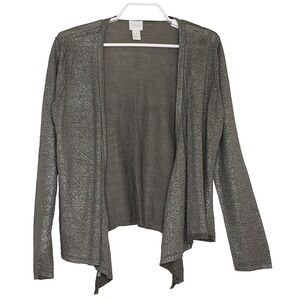 Chico's Open Front Cardigan Size 2 Green Silver Metallic Long Sleeve Lightweight